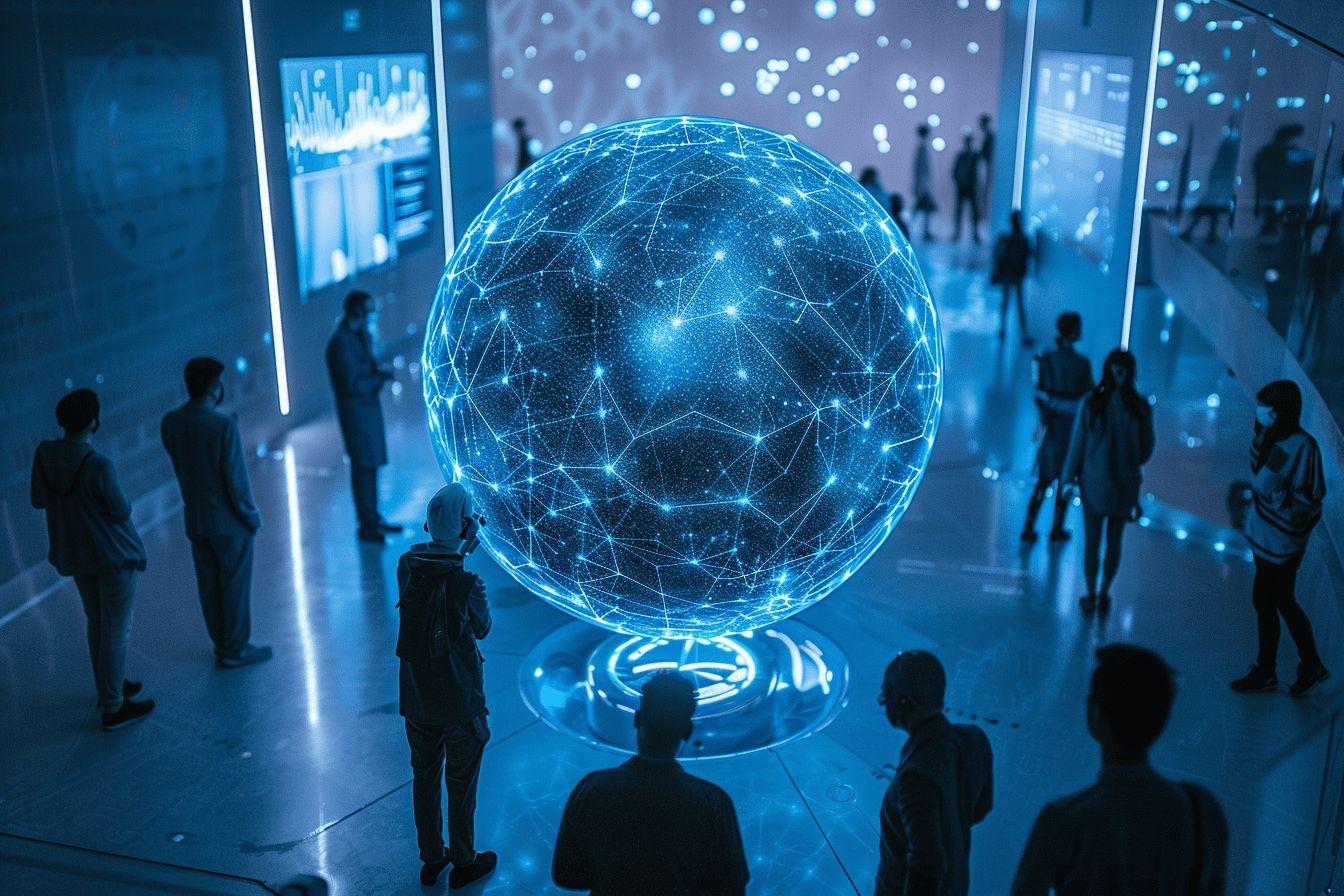 Silhouettes de personnes contemplant une sphère numérique scintillante dans un espace high-tech.