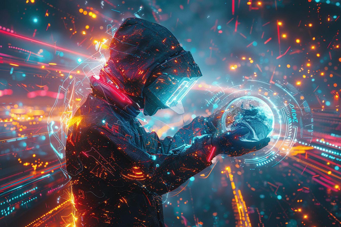 Un guerrier cosmique puissant dans un environnement futuriste et lumineux.