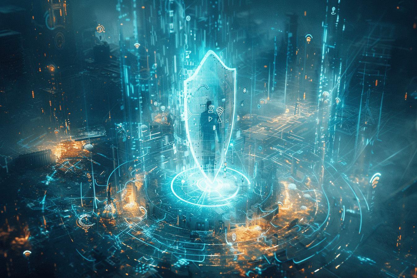 Une cité cyberpunk illuminée par un bouclier énergétique brillant.