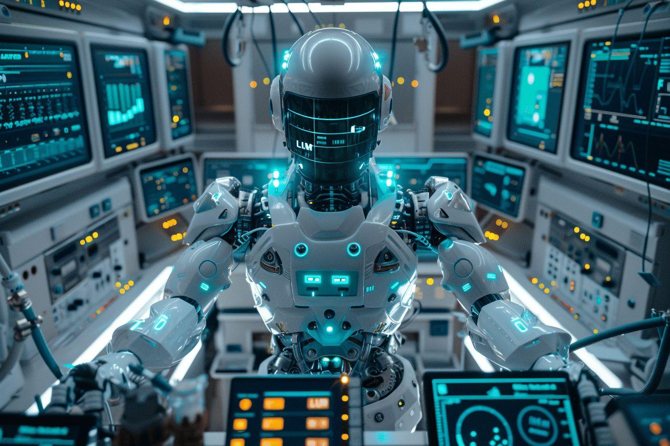 Robot futuriste au poste de commande d'un vaisseau spatial