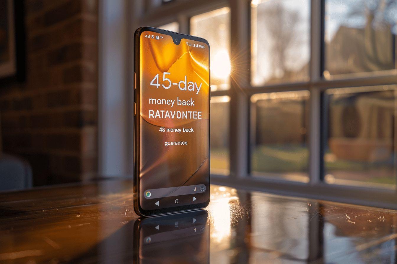 Smartphone montrant une offre de remboursement de 45 jours sur un fond éclairé