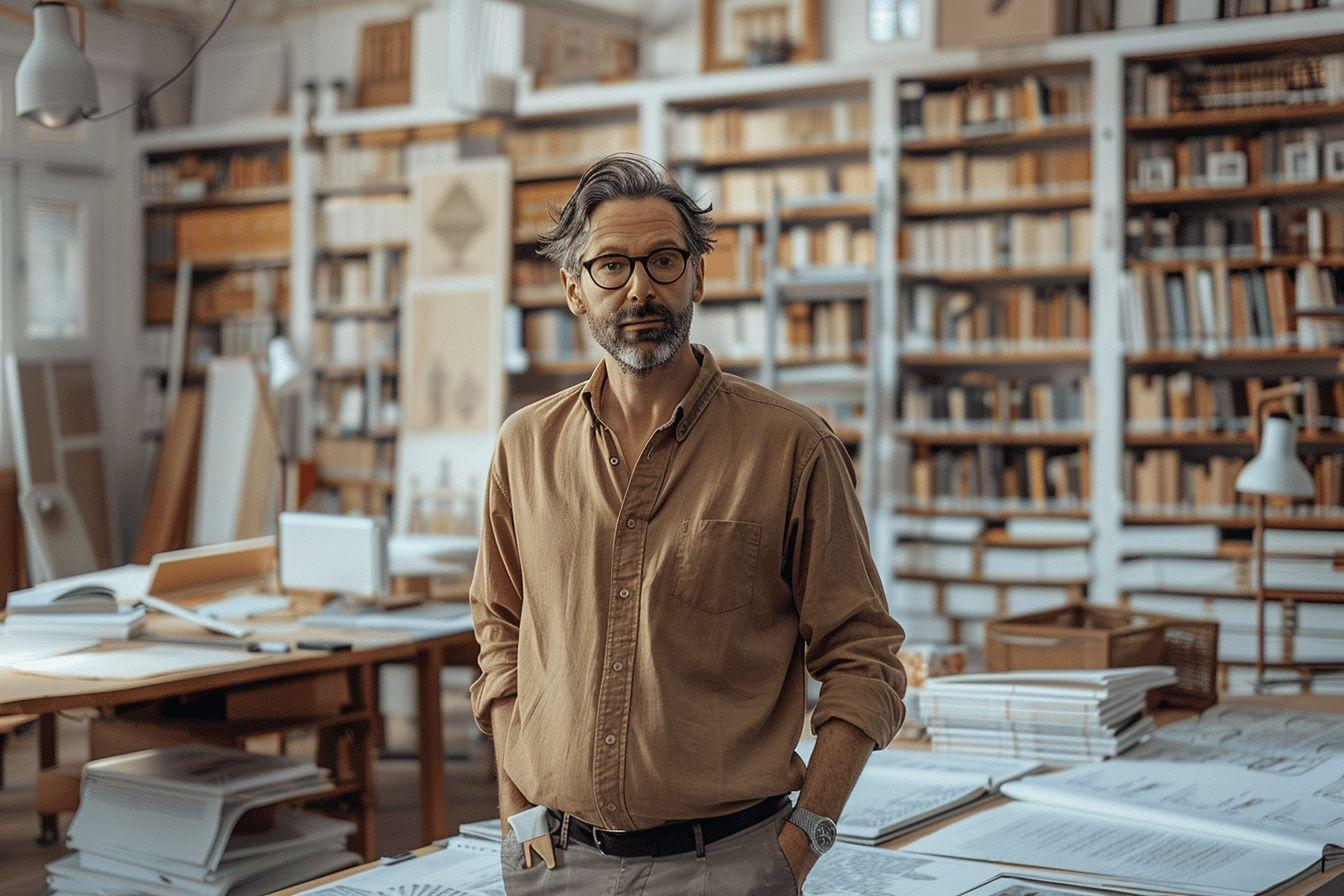 Un homme barbu en chemise brune debout dans une bibliothèque remplie de livres.