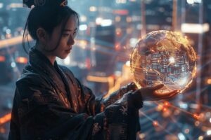 Une femme asiatique tenant un globe lumineux représentant la technologie