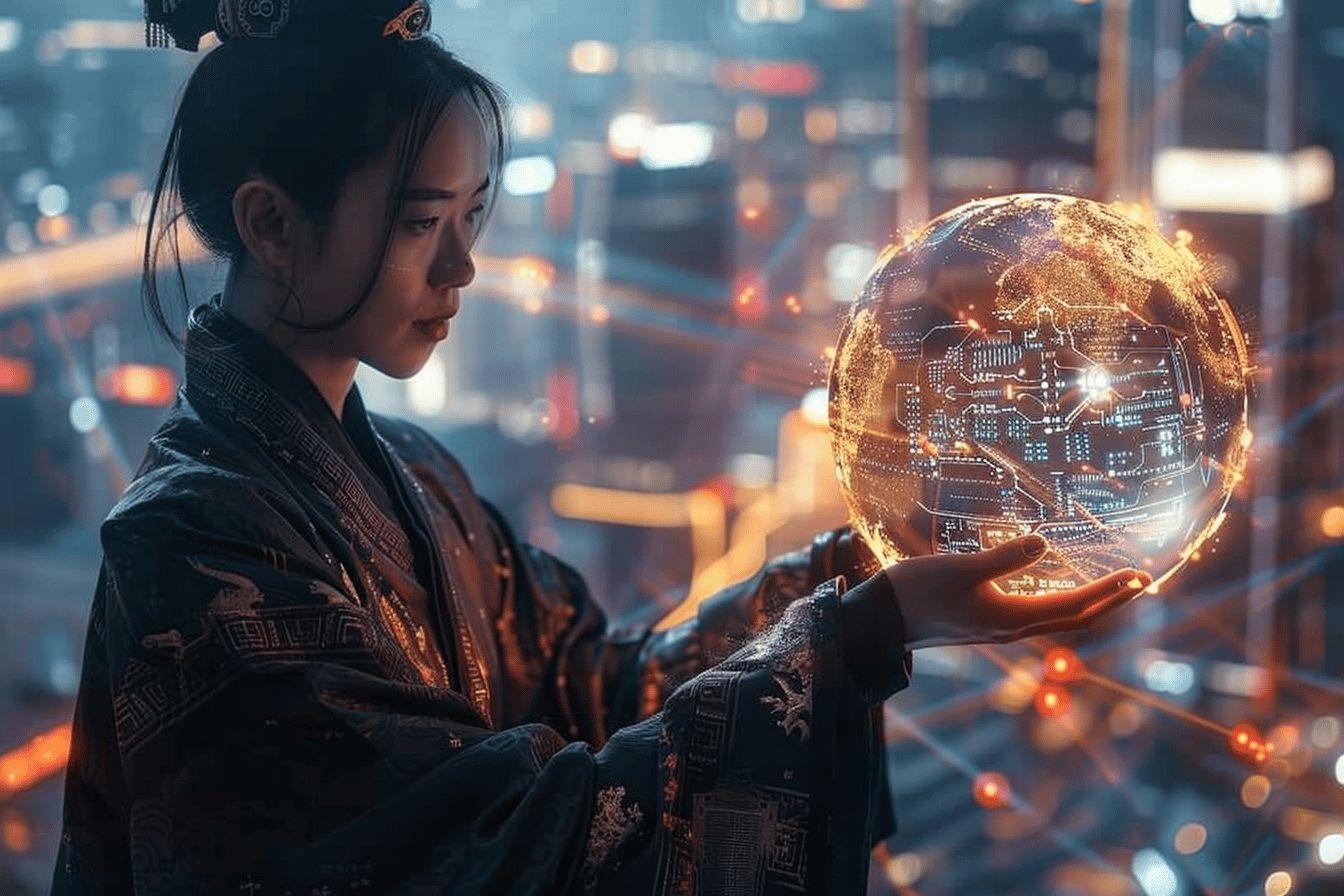 Une femme asiatique tenant un globe lumineux représentant la technologie