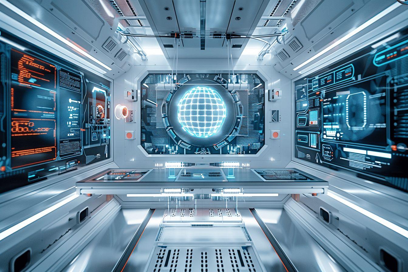 Salle de contrôle d'un vaisseau spatial avec écrans lumineux et globe holographique