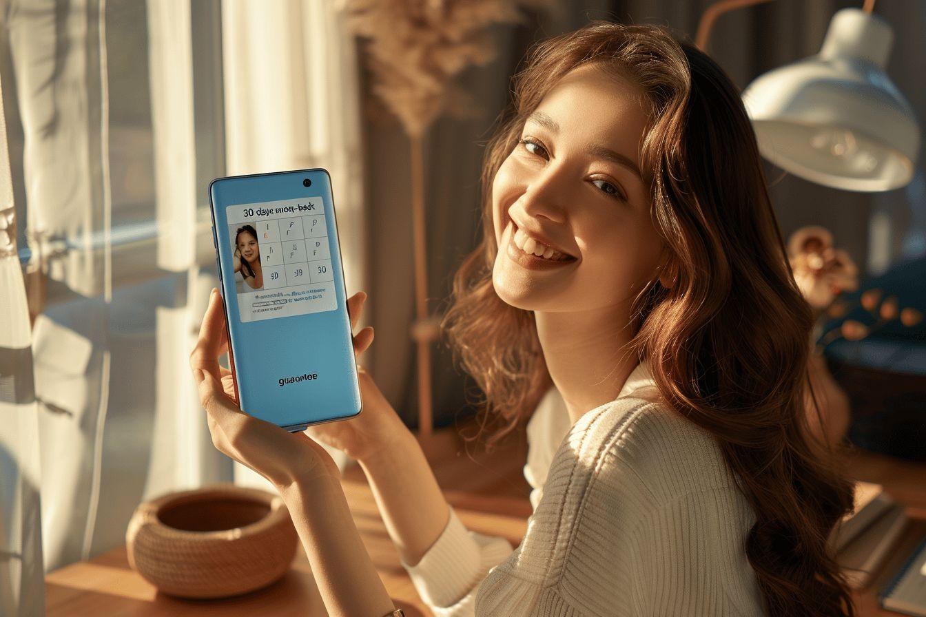 Une jeune femme aux cheveux bruns sourit en tenant un smartphone dans ses mains.