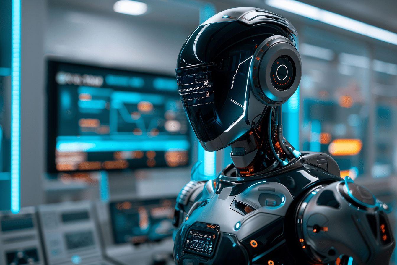 Gros plan sur un casque futuriste de robot avec des écrans bleus en arrière-plan