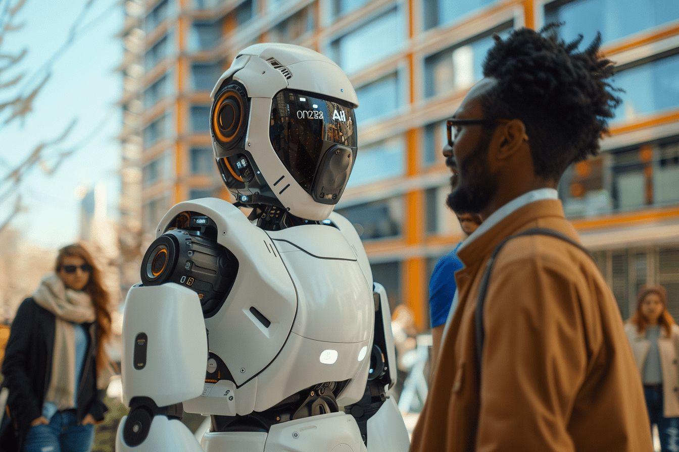 Un robot blanc interagit avec un homme en vêtements décontractés dans une scène urbaine