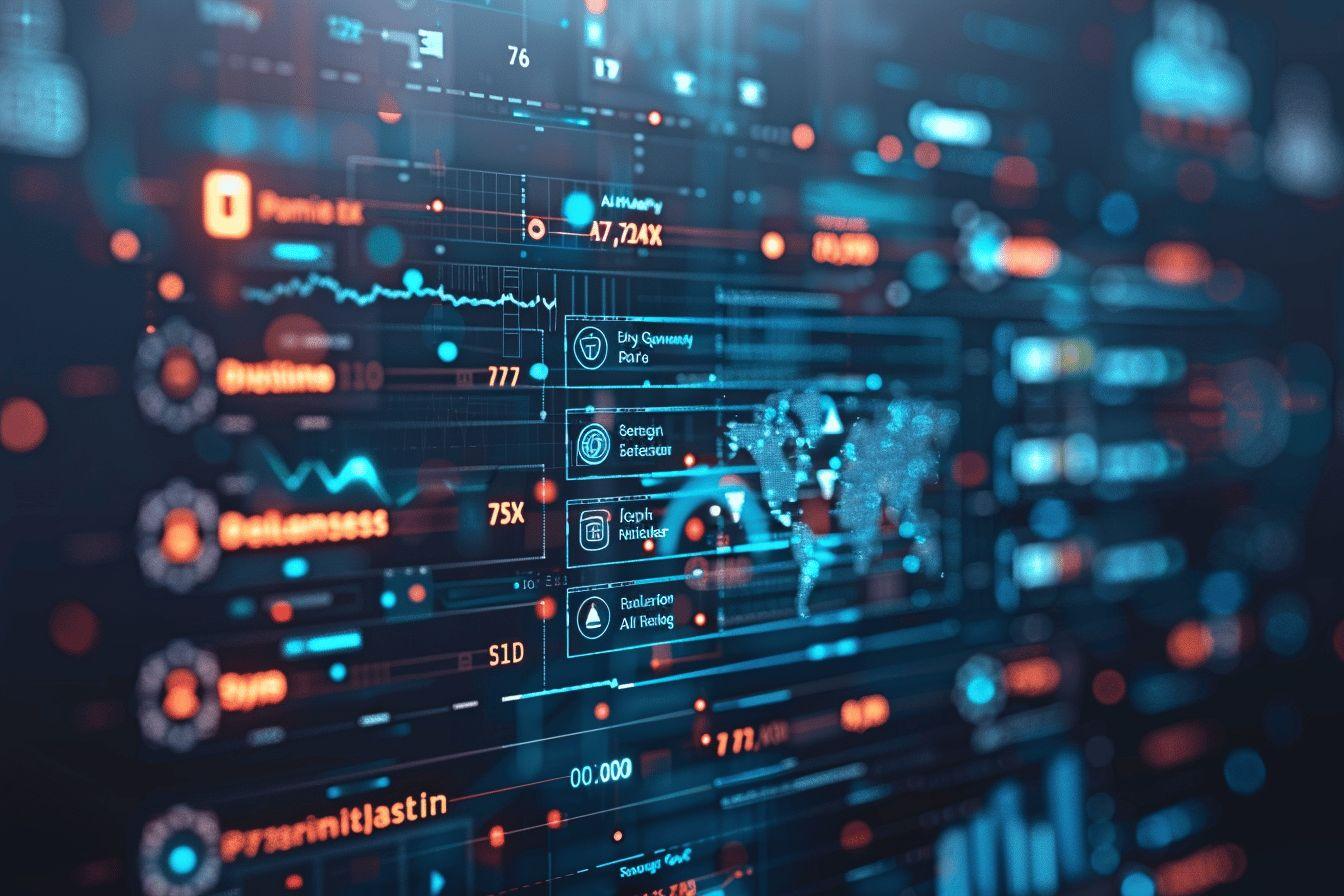 Image montrant un tableau de contrôle numérique avec des informations et des éléments visuels de haute technologie.