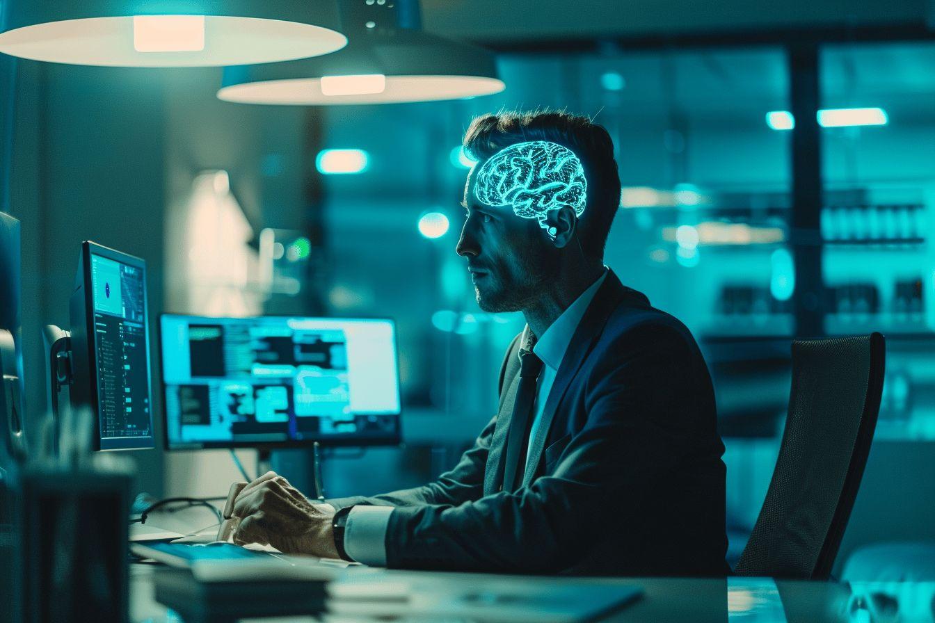 Un homme d'affaires assis à un bureau, avec un cerveau lumineux projeté sur son visage.