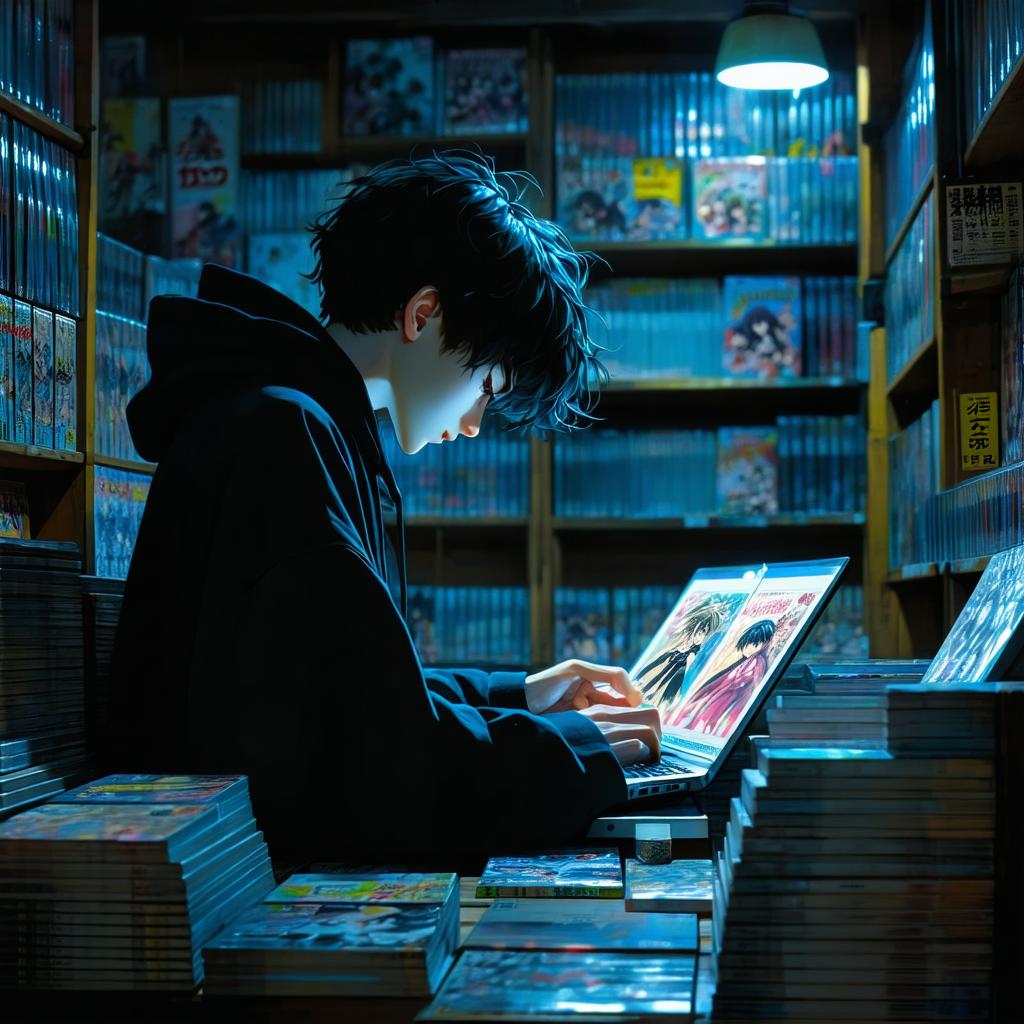 Lecture clandestine de mangas sur Japscan dans une pièce sombre