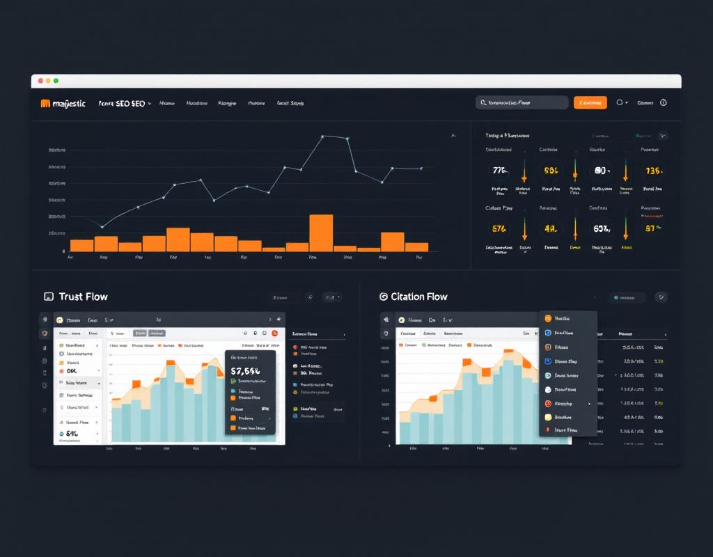 Tableau de bord Majestic SEO affichant Trust Flow et Citation Flow