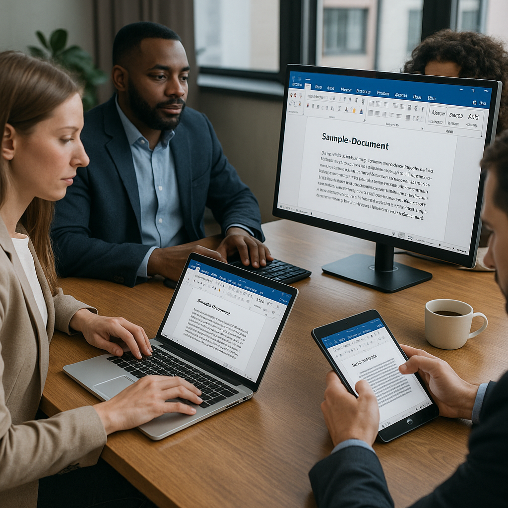 Capture d'écran montrant plusieurs utilisateurs travaillant sur un document Word en simultané