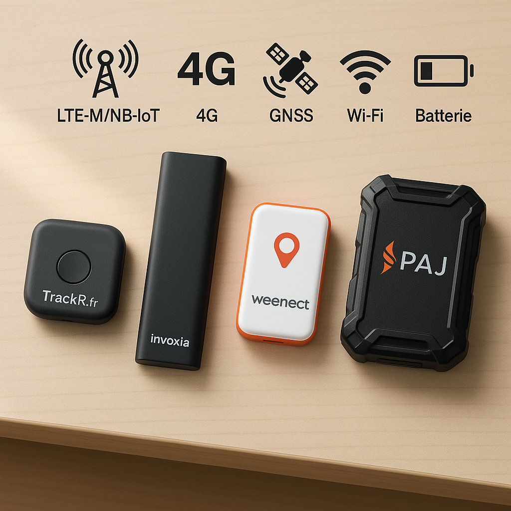 Comparatif des balises GPS 2025 montrant autonomie, réseaux et précision pour Trackr.fr Tech, Invoxia, Weenect, PAJ GPS
