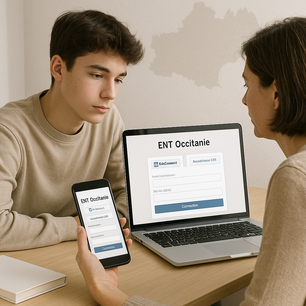 Parcours de connexion à l’ENT Occitanie en 2025 sur ordinateur et mobile, avec choix EduConnect pour familles et CAS académique pour personnels.
